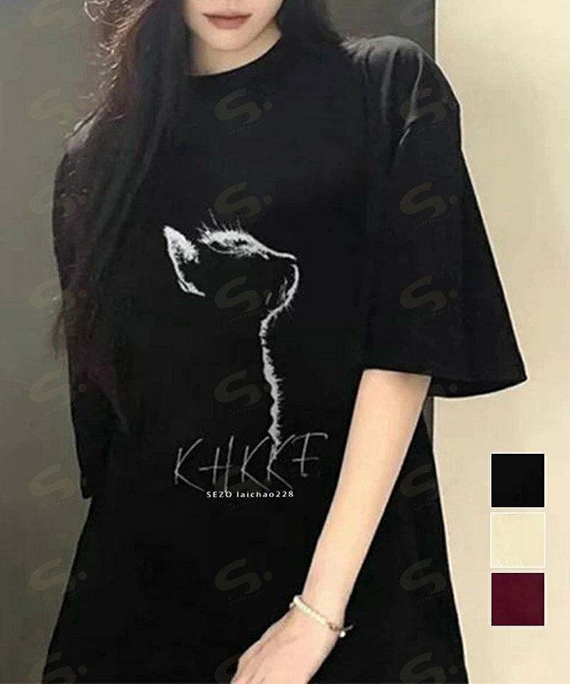 ビッグtシャツ レディース 半袖トップス 韓国風 イラストtシャツ おしゃれ カジュアルトップス 春夏 ドロップショルダーt ゆったり 着やせ 猫プリントtシャツ1GJYS-001