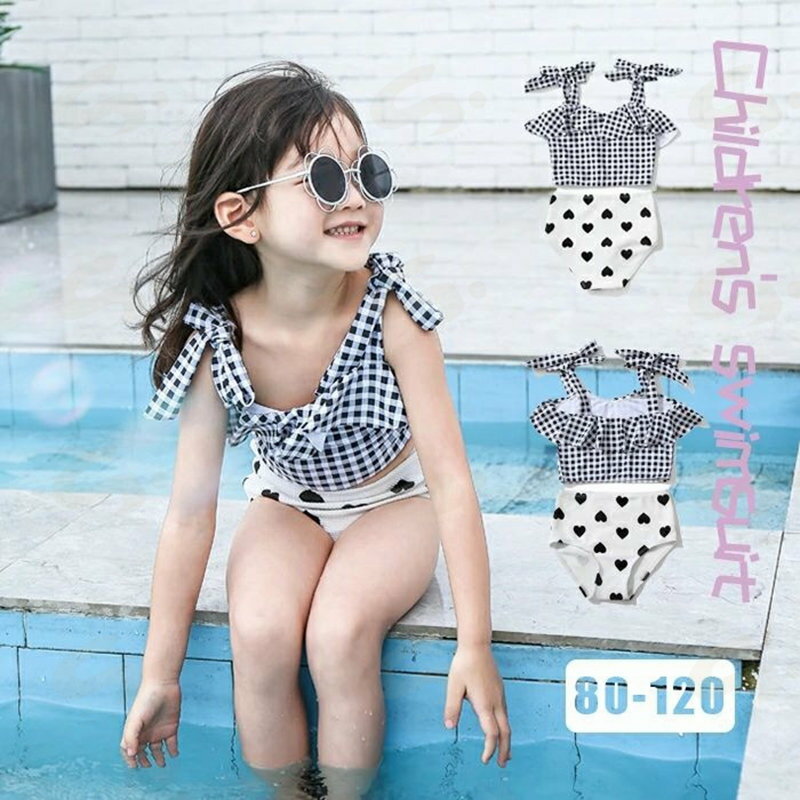 樂天商城 - 水着 女の子 女児 キッズ水着 キッズ スクール水着 ベビー水着 ノースリーブ セパレート 2点セット キャミソール ショーツ ひも付き ギャザー スクール 水遊び 上下別柄 チェック柄 ハート柄 ホワイト 白い 80cm 90cm 100cm 110cm 120cm