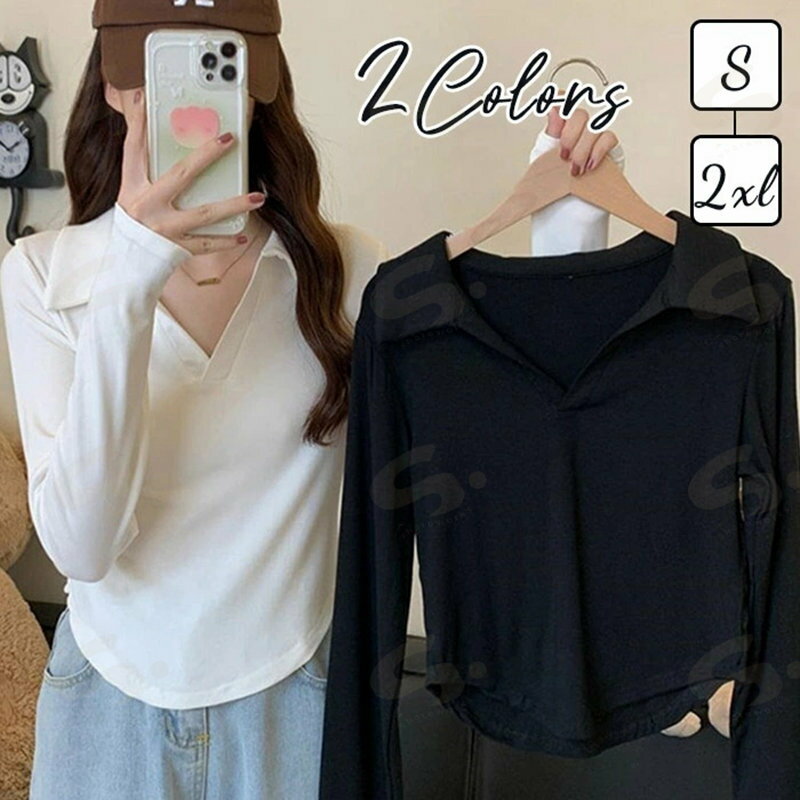 樂天商城 - Tシャツ レディース カットソー Vネック 長袖シャツ 長袖 トップス ベーシック シンプル タイト カジュアル 春 秋 夏 大人 トレンド プルオーバー 女性用 ショート丈 短め 高校生 通勤 通学 着やせ おしゃれ かわいい 無地 白 ホワイト ブラック S/M/L/XL/2XL