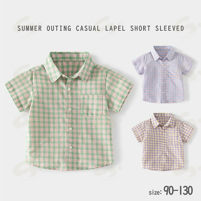 樂天商城 - シャツ tシャツ 男の子 チェックシャツ チェックtシャツ タータンチェック 半袖 上着 夏 夏用 重ね着 男児 上品 着やせ 通学 通園 カジュアル 襟付き 前開き チェック柄 ブルー イエロー グリーン 90/100/110/120/130cm