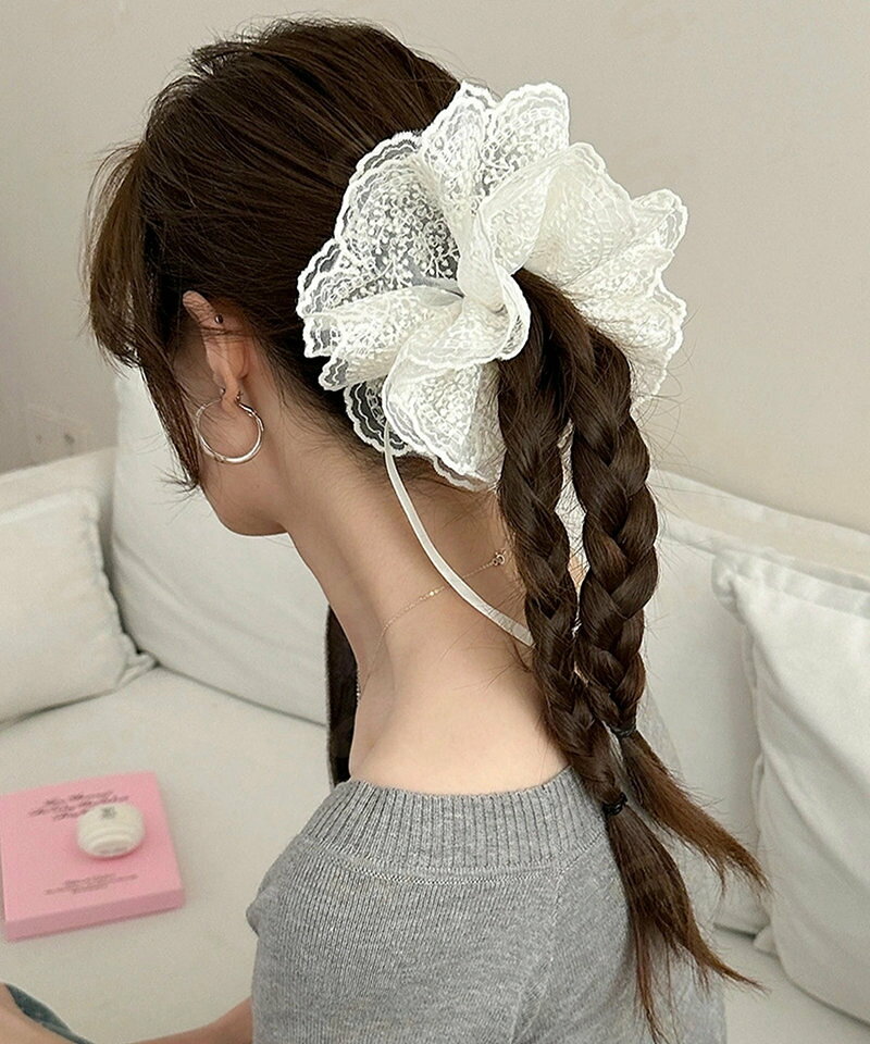 レースシュシュ ボリューム感 ヘアゴム レディース リボン まとめ髪 髪飾り お団子...