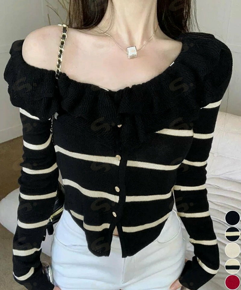 フリルニットトップス オフショルダー秋服 レディース タイトリブニット ボダン付き ニットソー きれいめニットセーター ボーダー柄 ショート丈 ニットカーディガン80ZHONGYI-001