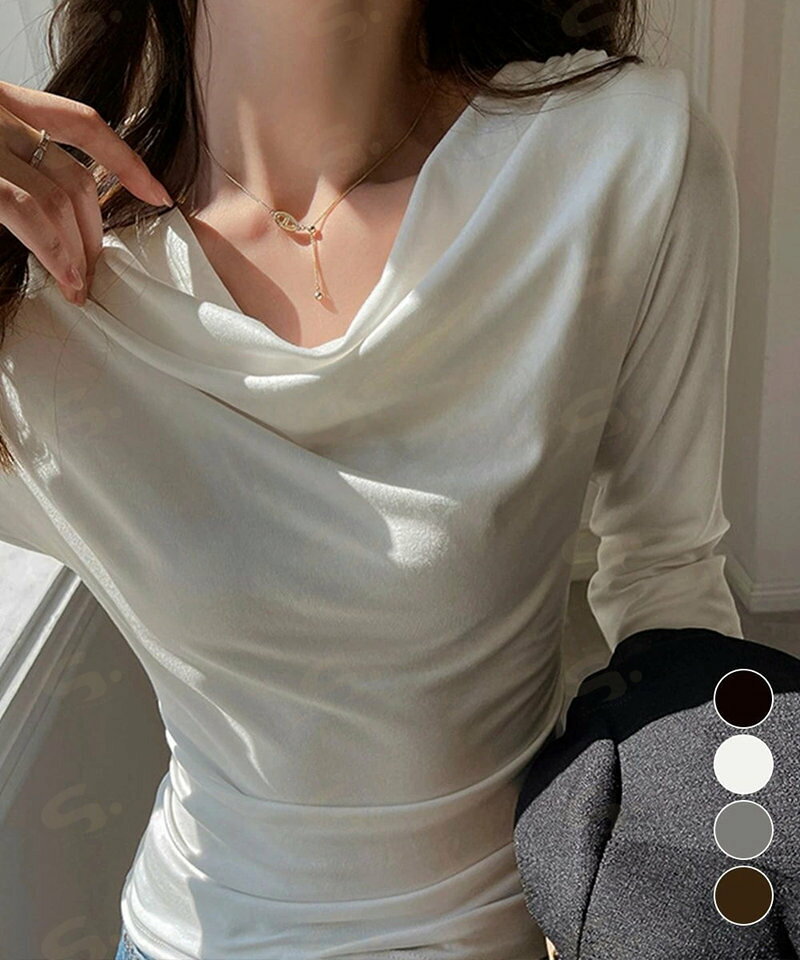 Rakuten - ドレープネックTシャツ 長袖トップス春秋 レディース おしゃれカットソー オフィスカジュアル 柔らかなプルオーバー 大人通勤トップス 韓国風 無地カットソー細見え92JILAI-001