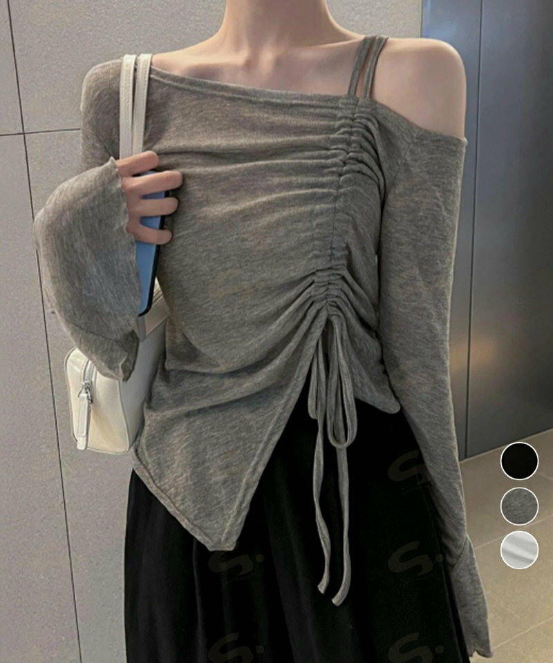 樂天商城 - ワンオフショルダーTシャツギャザー 長袖 肩出しドロストtシャツ レディース リボンタイトTシャツ肩あき セクシートップス お洒落 アンバランスヘムtシャツ 薄手90CHENXINI-021