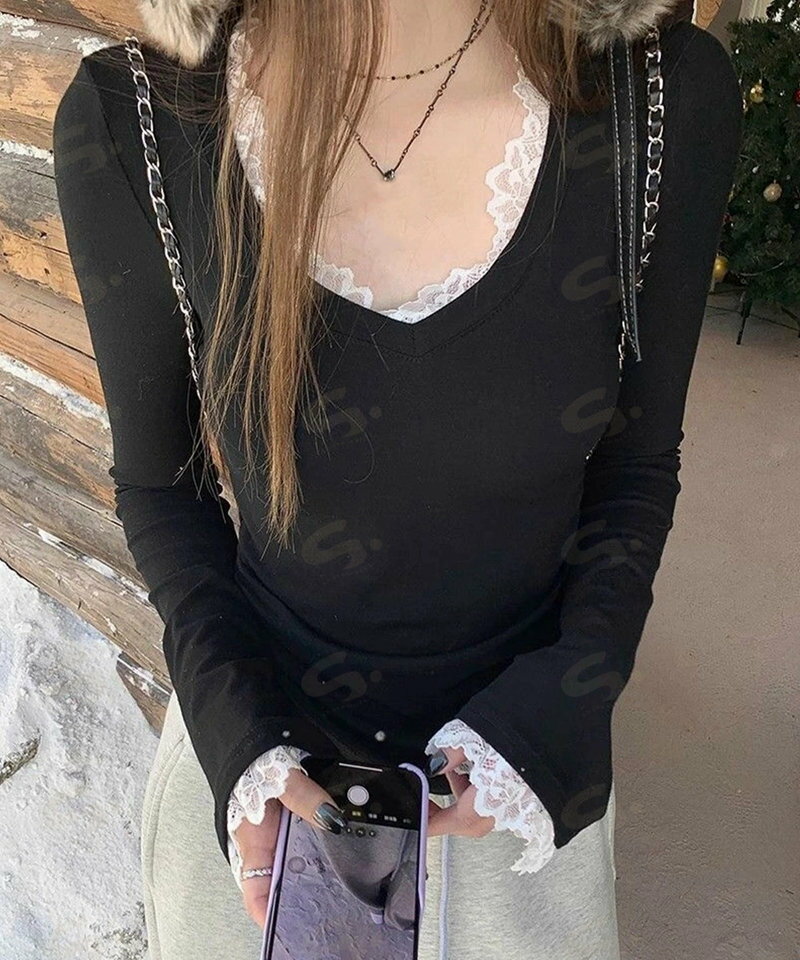 レース付TシャツVネック長袖リブトップス レディース細身Tシャツ タイトトップスセクシー 韓国風 大人可愛いカットソー サイドギャザー おしゃれインナートップス90CHENXINI-022