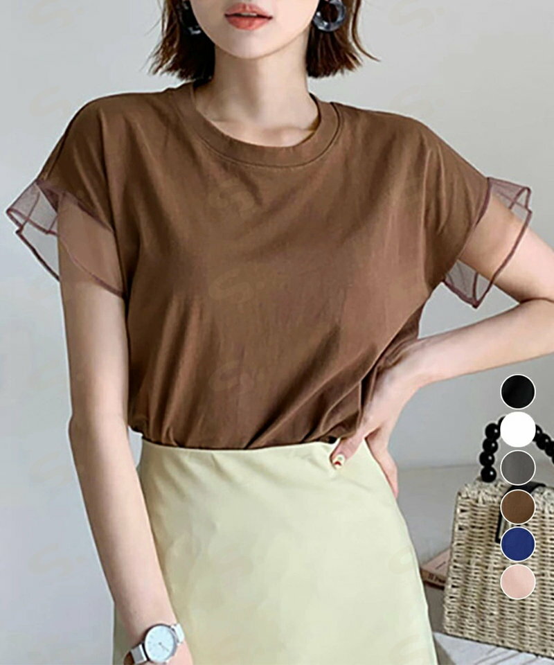 袖シアーTシャツチュール切替えカットソー クルーネックt 大人可愛い夏服 着回し フリル袖トップス ゆったり 半袖カットソー レディース おしゃれプルオーバー無地2SHENSHI-001