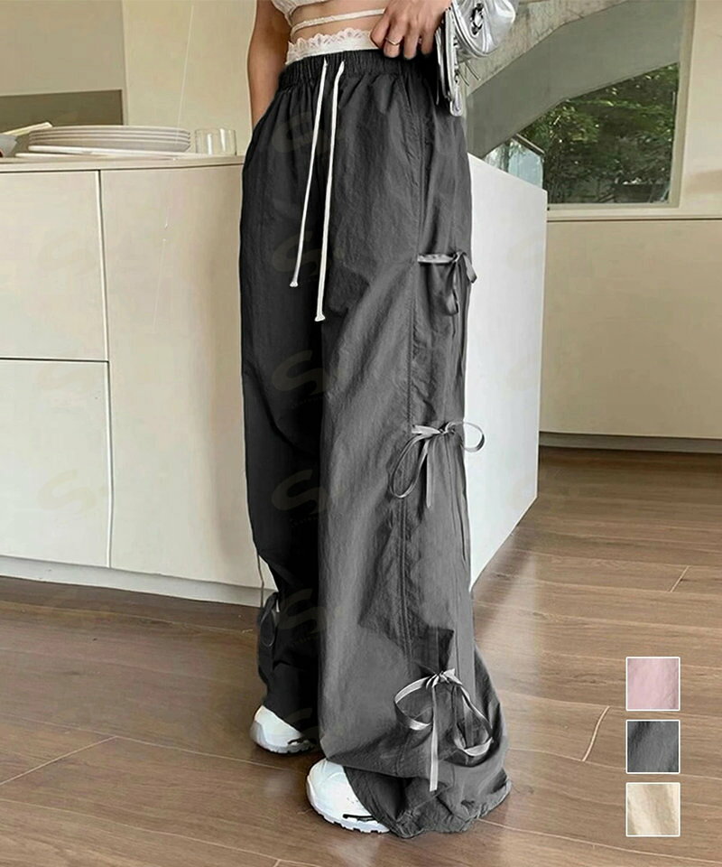 Rakuten - カーゴパンツ サイドリボン ワイドパンツ レディース ウエストゴムストレートパンツ カジュアル ゆったりロングパンツ 体型カバーボトムス 春夏イージーパンツ韓国風87DKFSH-004