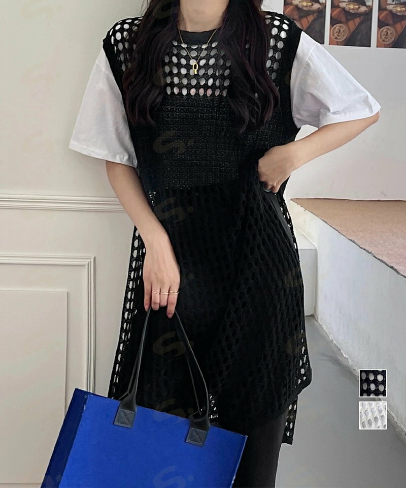 透かし編みロングベストサイドスリット夏服 レディース ノースリーブ チュニックニットベスト レイヤード 重ね着メッシュジレ 大人可愛い ニットワンピース ゆったり83YIKE-001