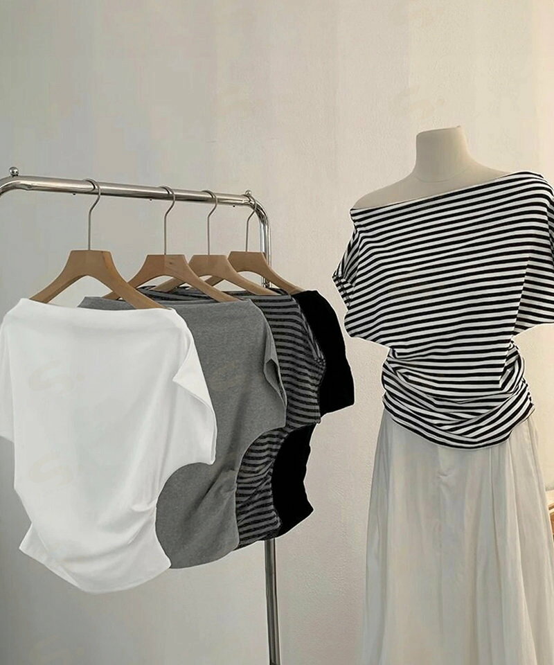 オフショルダーカットソー サイドギャザー ワンショルダーtシャツ レディース ボートネック 肩見せTシャツ 薄手夏t 大人カジュアル 半袖夏服 ボーダーtシャツ6CCFS-002