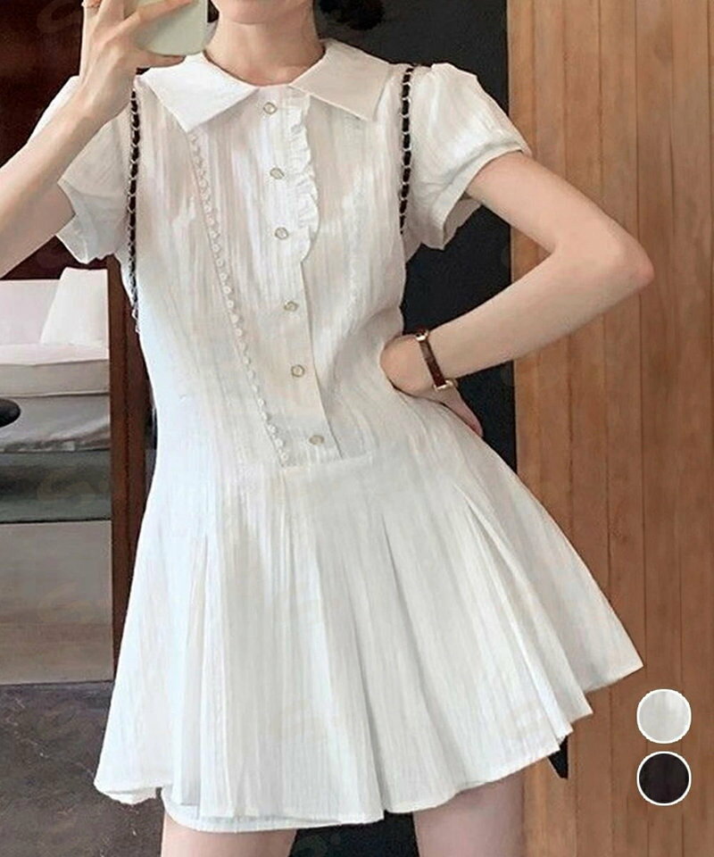 樂天商城 - プリーツミニワンピース セットアップ春夏 レディース フリルチュニックワンピース＆ショート パンツ2点セット ロマンチックガーリーAラインワンピース 清楚な制服風90CHENXINI-019