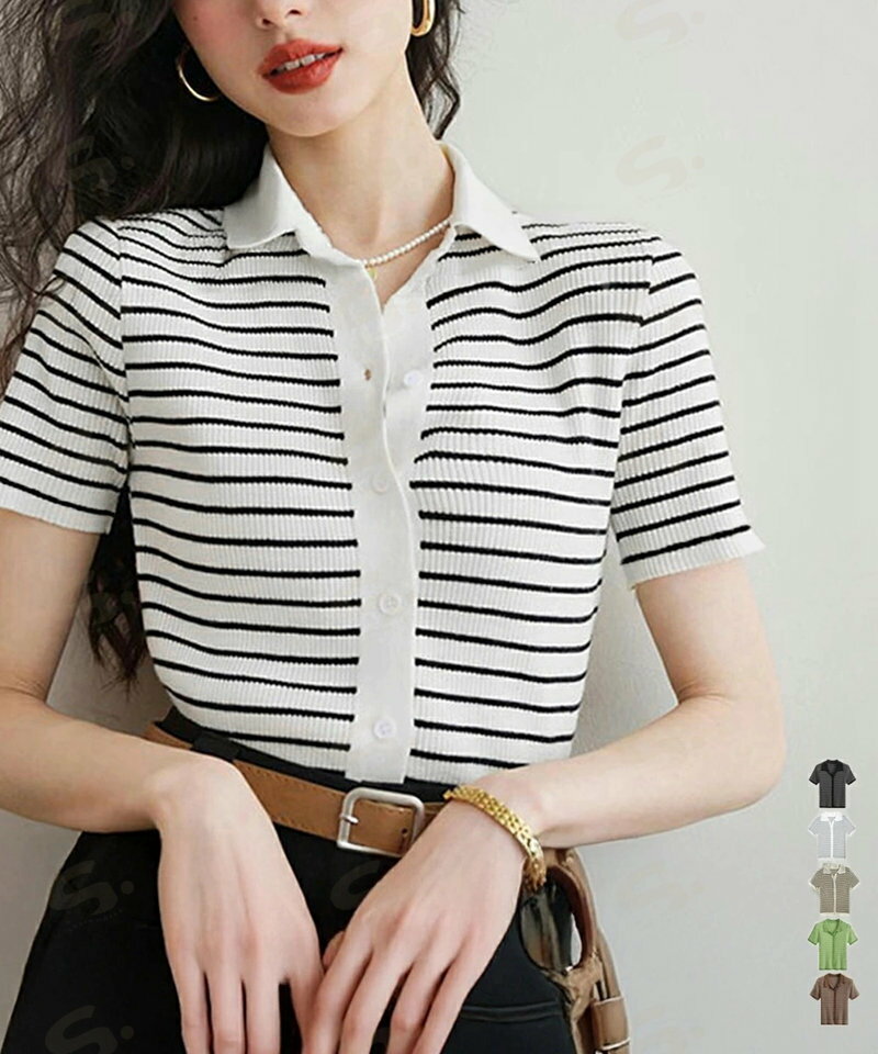 Rakuten - ボーダー柄ニットポロシャツレディース半袖 ニットtシャツ 薄手サマーニット 襟付きカットソー カジュアル夏服 着やせニット Vネックニットトップス 前開き 韓国風84DAIW-007
