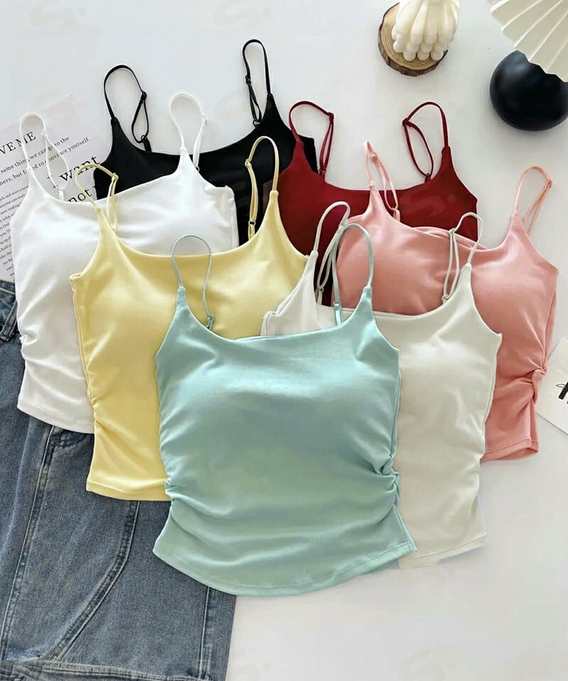 Camisoles - カップ付きキャミソールサイドシャーリング レディース ノンワイヤーブラトップ スリムフィット インナートップス ストレッチ 無地レイヤードコーデ夏服 柔らかい下着87HONGYF-001