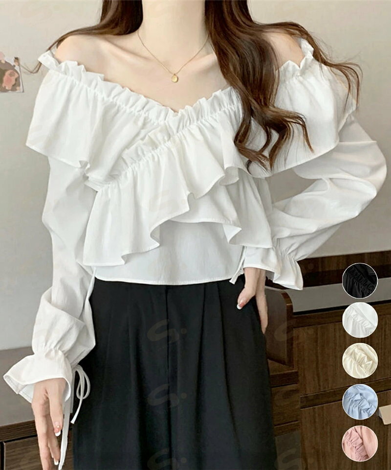 Rakuten - フリルブラウス オフショルブラウス 長袖 レディース マルチウェイ リボンショート丈ブラウス 韓国風大人可愛い Vネック薄手ブラウス着やせフェミニン クロスフリル84DAIW-002