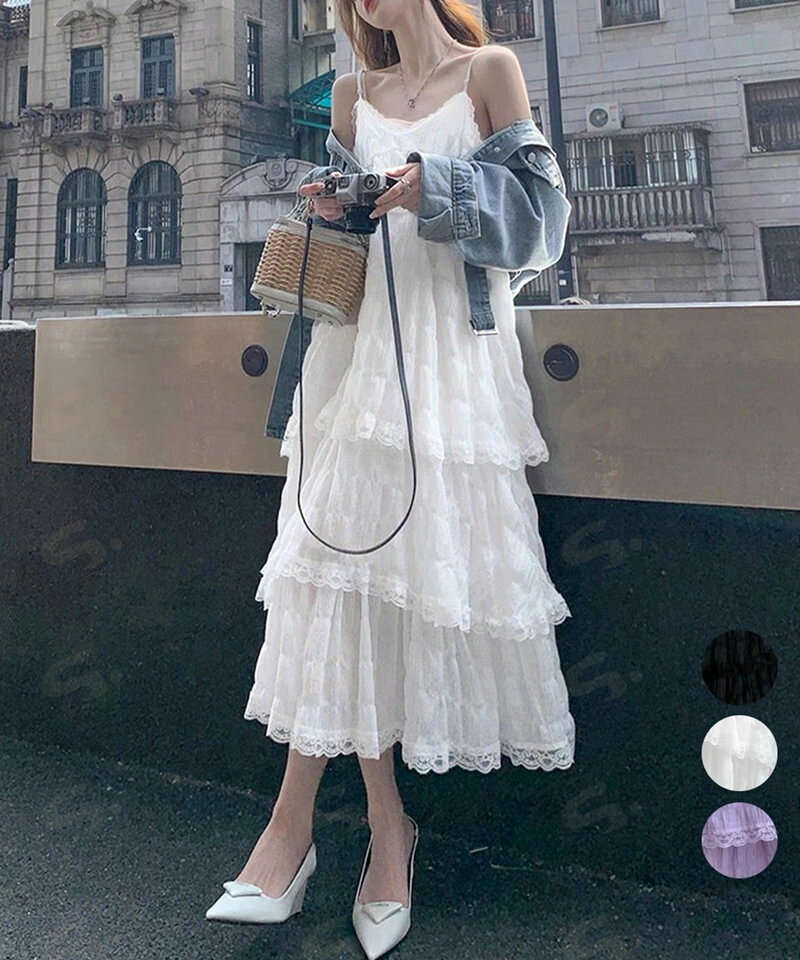 ティアードキャミワンピース レースワンピ レディース ゆったり Aラインワンピース きれいめリゾートワンピース ノースリーブ春夏ワンピース 体型カバービーチワンピ1BAIHO-001