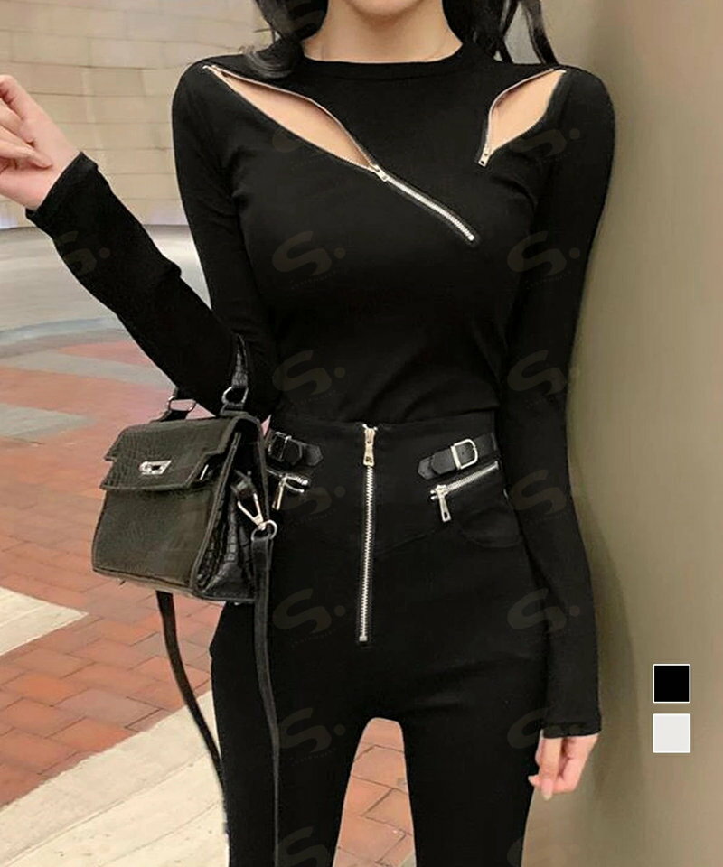 Rakuten - ニットトップス ニットセーター 春秋冬 レディース アシンメトリーデザイン ジッパー付き セクシートップス 韓国風 トレンド ファッション カジュアルニットソー33DW-052