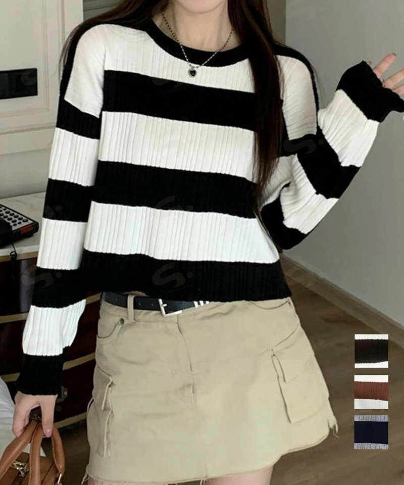 Three-Quarter Knit - ニットトップス ショート丈 秋冬トップス 長袖 ボーダー柄ニット ドロップショルダー ニットソー 着回し セーター クルーネック 通勤通学 オフィスカジュアル77BYFS-051