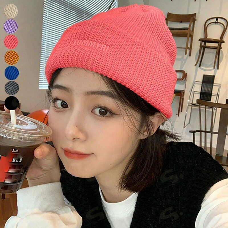 Knit Hat - ニット帽子 レディース 英字ロゴ 7色 韓国ファッション 厚手 レトロ リブ カラーニット 帽子 シンプル カジュアル おしゃれ 可愛い ナチュラル 人気99MHMY-009