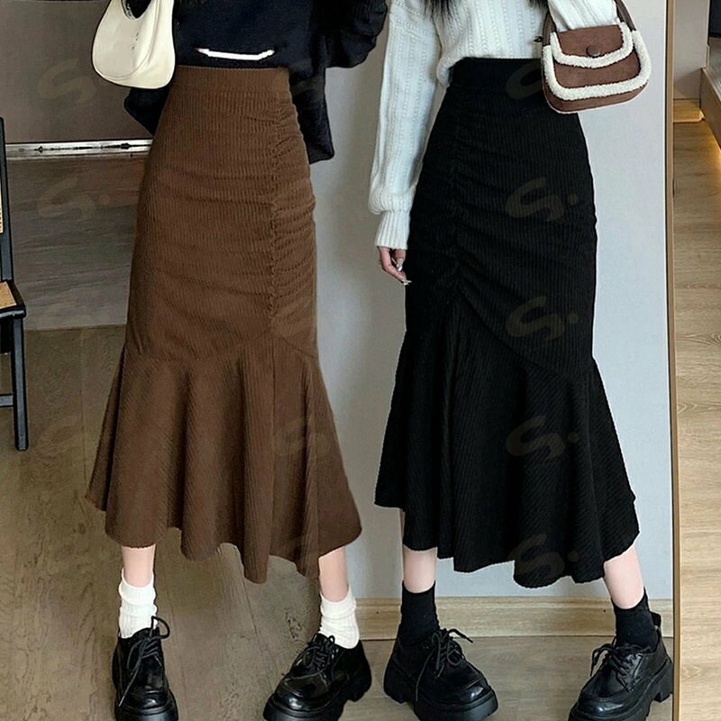 樂天商城 - マーメイドスカート秋冬 ロングスカート黒 レディース コーディロイ フレアスカート きれいめ 美脚ハイウエストスカート 着やせ エレガント無地ミモレ丈スカート大人3XAYAT-029