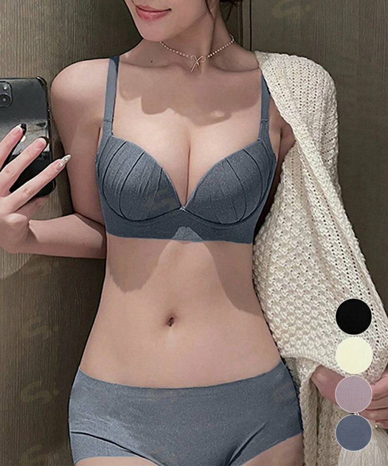 Rakuten - セクシーランジェリーセット ノンワイヤー ブラジャーショーツセット バスト盛れる ブラショーツセット 小胸 ワイヤレスブラ 脇高ブラ 女性下着 シームレスショーツ21NEIYI-042
