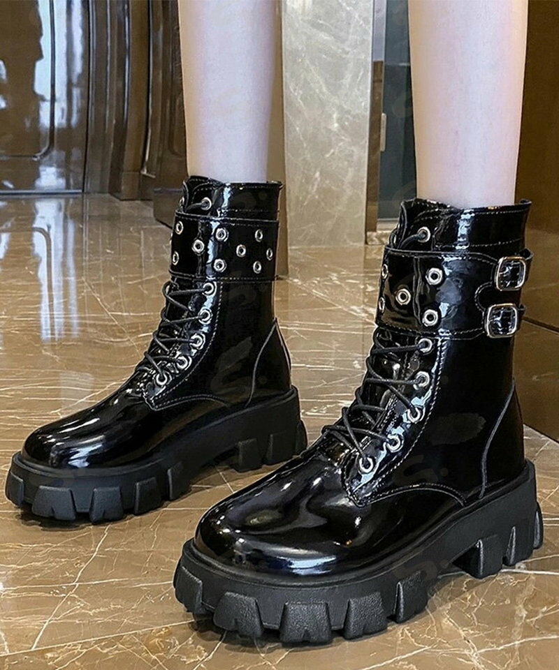 Work - 厚底ショートブーツ 黒ストームブーツ美脚 レディース かっこいい エンジニアブーツ バックファスナー ワークブーツ 歩きやすいミリタリーブーツ レースアップ靴脚長3JIANLONG-075