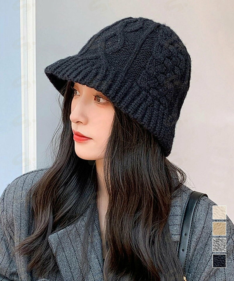 Rakuten - ニットハット レディース 編み 韓国風 バケットハット チューリップハット 防寒性 秋冬 無地 暖かい 帽子 シンプル カジュアル おしゃれ 可愛い ブラック99XBMY-004