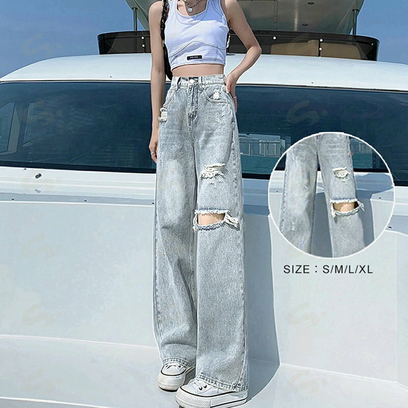 ダメージ デニムパンツ ハイウエスト韓国 ゆったり セミワイドパンツ 体型カバー ジーンズ おしゃれ レディース 美脚ジーパン カジュア..