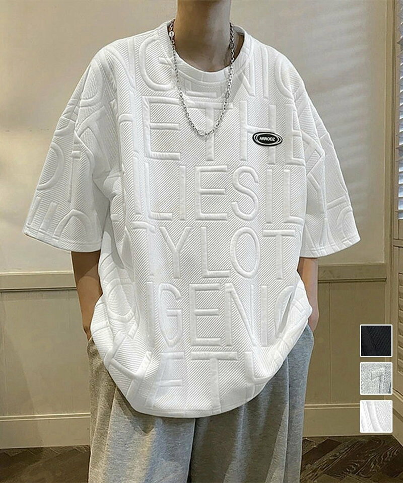 Rakuten - エンボス加工ロゴtシャツ メンズ 韓国風 半袖tシャツ クルーネック トップス春夏 ドロップショルダーtシャツ 5分袖 カジュアルコーデ メンズカットソーアメカジ AsaAura 87MP-002