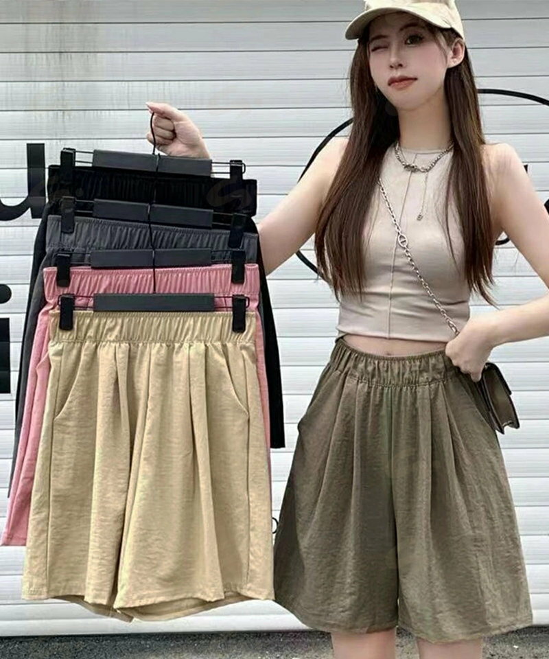 Rakuten - 韓国風 ワイドショートパンツ レディース ハイウエスト ショーパン ゆったり 体型カバー 無地ハーフパンツ ウエストゴム 短パンリラックス部屋着 着やせ 半ズボン90LUANSU-001