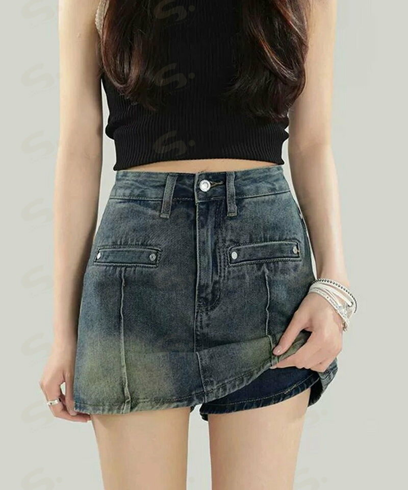 ■商品の特徴ミニスカパン デニムスカート ハイウエストデニムショートパンツ ストリート系チラ見せ防止タイトスカート 美脚美尻ボトムスミニスカート風デザインながら、後ろ姿はショートパンツ見えのデニムスカパン。 インナーはミニ丈でも安心なショートパンツ仕様。 ヴィンテージ感のあるナチュラルな風合いが、カジュアルな脚見せコーデのアクセントに。 コルセット風トップスやロングブーツと合わせて、韓国風の辛口スタイルが完成。■詳細説明素材：綿95%+ポリエステル5%カラー：インディゴブルー サイズ：S/M/L/XL [S]着丈:約31cm 股下:約5cm ウエスト:約64cm ヒップ:約88cm もも周り:約52cm [M]着丈:約32cm 股下:約5cm ウエスト:約68cm ヒップ:約90cm もも周り:約54cm [L]着丈:約33cm 股下:約5.5cm ウエスト:約70cm ヒップ:約94cm もも周り:約56cm [XL]着丈:約34cm 股下:約5.5cm ウエスト:約74cm ヒップ:約96cm もも周り:約58cm 裏地：なし(インナーパンツあり) 伸縮性：なし 透け感：なし 生産国：中国■その他説明※すべて平置きサイズです（採寸方法違いより、多少の誤差がございますので、ご了承ください）。 ※海外輸入品のため、商品の細部仕様は多少異なる場合がございます。予めご了承の上、ご注文お願い致します。