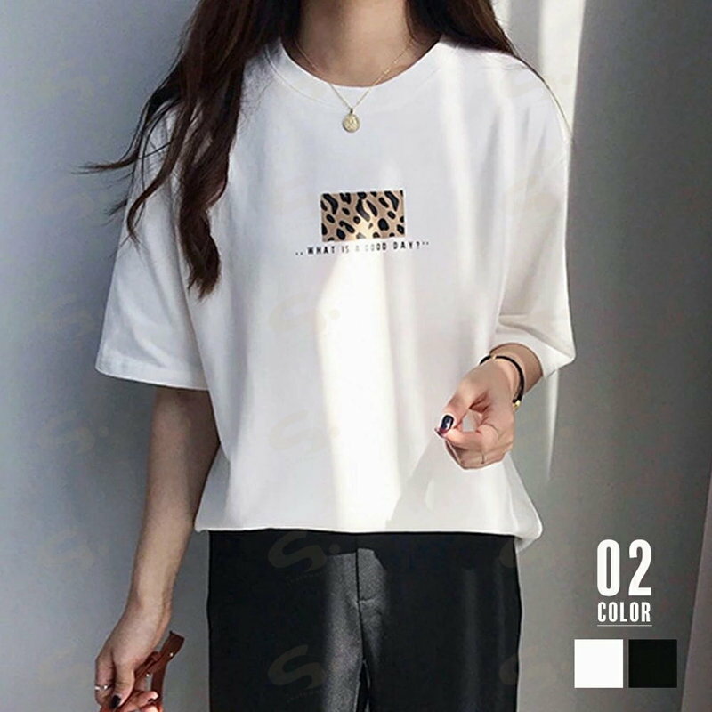Tシャツ 半袖 レディーストップス 韓国 カットソー レオパード プリント 体型カバートップス フロントロゴt プルオーバー カジュアル おしゃれtシャツ 夏春秋99AAA-049