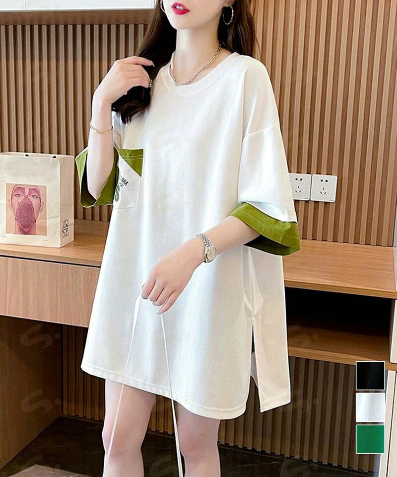 Rakuten - オーバーサイズTシャツチュニックtシャツ 韓国風半袖Tシャツ クルーネックカットソー ゆったりプルオーバー 楽ちん体型カバーTシャツワンピースロゴ 大人カジュアル80YIGL-010