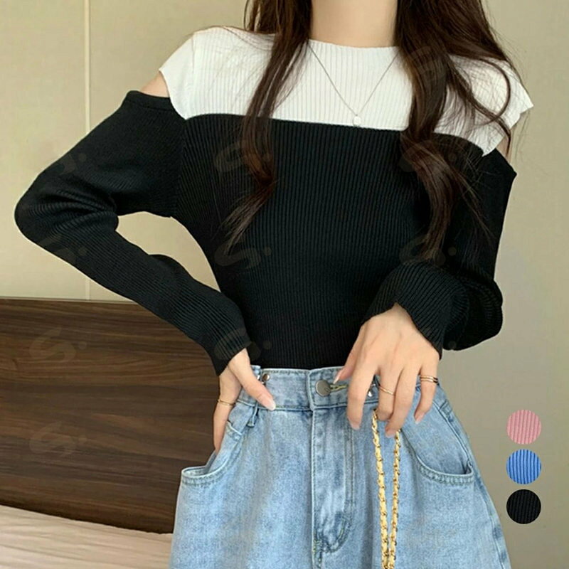 樂天商城 - 肩あきニットトップス バイカラー大人秋服 レディース タイトニット 肌見せ セクシー リブニット カジュアル オフショルダーニット 着やせ オープンカットトップス85YN-900412