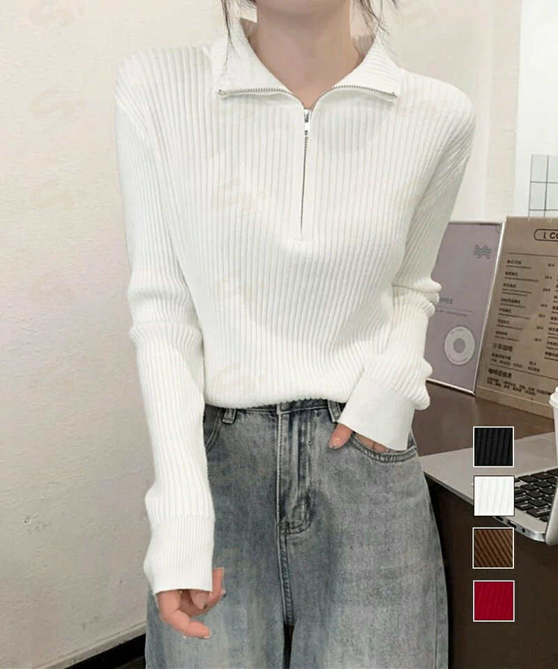 樂天商城 - ニットトップス ハーフジップ 春秋冬 レディーストップス ハイネック 長袖 ZIPニットセーター お洒落 ニットウェア 通勤通学 リブニット 韓国ファッション77GUIFEI-001