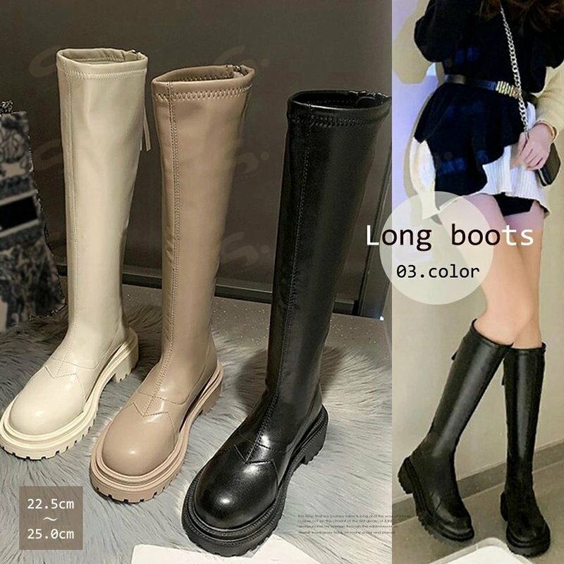 ■商品の特徴ストレッチブーツ 膝下 ジョッキーブーツ バックジップ ギザギザ厚底 PUブーツ 太ヒール おでこ靴 履きやすい 秋冬程よい光沢感のある素材でCOOLに仕上げたシンプルなオルチャン風ロングブーツ 太めのローヒールにギザギザ厚底、滑りにくく安定感抜群なので長時間歩いても足への負担が少なく痛くなりにくい 肌なじみがよくコーデに合わせやすい定番な色展開、バックファスナー着脱式のDesignを加えてらくちん＆おしゃれを両方手に入れるエコレザーブーツ■詳細説明甲素材：合成皮革 底素材：合成底カラー：ブラック/モカ/アイボリー サイズ：22.5cm（35）/23.0cm（36）/23.5cm（37）/24.0cm（38）/24.5cm（39）/25.0cm（40） （カッコ内は靴底表記となります） [22.5]長さ:約22.5cm 幅:約10.0cm 筒丈:約35.0cm 履き口周り:約30cm ふくらはぎ周り:約24cm 足首周り:約20cm [23.0]長さ:約23.0cm 幅:約10.2cm 筒丈:約35.5cm 履き口周り:約31cm ふくらはぎ周り:約25cm 足首周り:約21cm [23.5]長さ:約23.5cm 幅:約10.4cm 筒丈:約36.0cm 履き口周り:約32cm ふくらはぎ周り:約26cm 足首周り:約22cm [24.0]長さ:約24.0cm 幅:約10.6cm 筒丈:約36.5cm 履き口周り:約33cm ふくらはぎ周り:約27cm 足首周り:約23cm [24.5]長さ:約24.5cm 幅:約10.8cm 筒丈:約37.0cm 履き口周り:約34cm ふくらはぎ周り:約28cm 足首周り:約24cm [25.0]長さ:約25.0cm 幅:約11.0cm 筒丈:約37.5cm 履き口周り:約35cm ふくらはぎ周り:約29cm 足首周り:約25cm ヒール（全サイズ）:約3.5cm ストーム（全サイズ）:約1.5cm 重さ（両足）：約843g-929g 生産国：中国■その他説明※すべて平置きサイズです（採寸方法違いより、多少の誤差がございますので、ご了承ください）。 ※商品は縫製上の細かいほつれ、汚れ、接着剤が残り、素材特有の臭いや接着剤等の臭いが残っている場合がございます。ご了承ください。 ※海外輸入品のため、商品の細部仕様は多少異なる場合がございます。予めご了承の上、ご注文お願い致します。