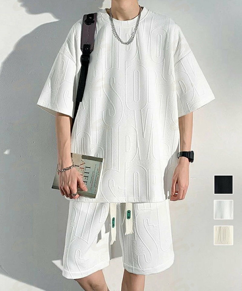 樂天商城 - メンズ 半袖tシャツ ハーフパンツセット 立体ロゴ スウェットtシャツ ショートパンツ 上下セット ゆったり おしゃれ ルームウェア カジュアル 運動着 ジャージ AsaAura 84JIQI-005
