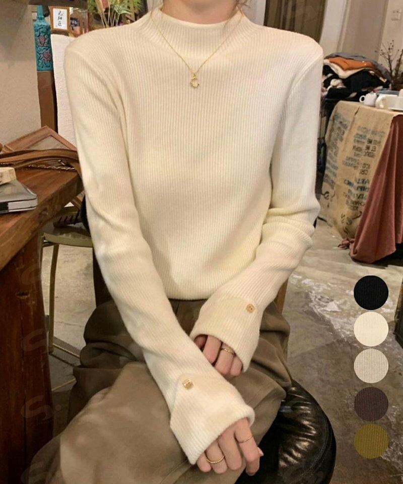Long-Sleeved Knit - プチハイネックニットトップス 袖口ボタン リブニットレディース 大人カジュアルプルオーバー 秋冬ニットインナー 着回しニットウェアシンプル キレイめ タイトニット24TPS-018