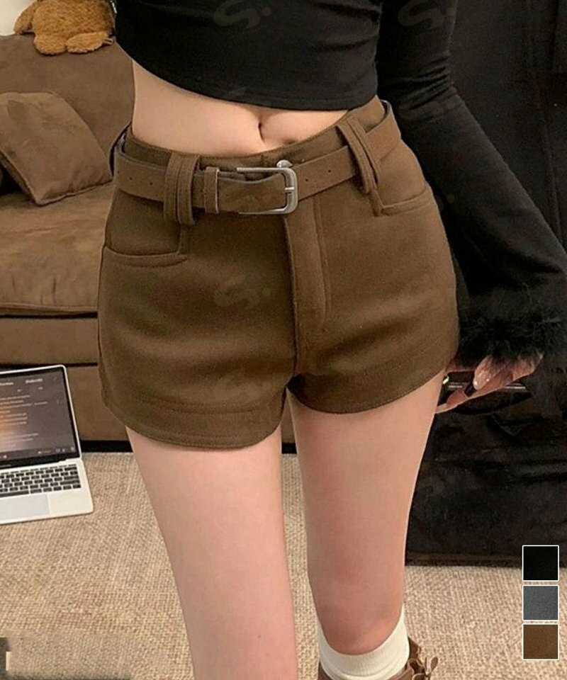 Rakuten - ウール風ショートパンツハイウエスト短パン レディース 着やせショート丈パンツ ポケット付き ベーシック ミニ丈パンツ着やせ 美脚脚長短パン韓国風ホットパンツ 秋冬87XUANZHZH-001