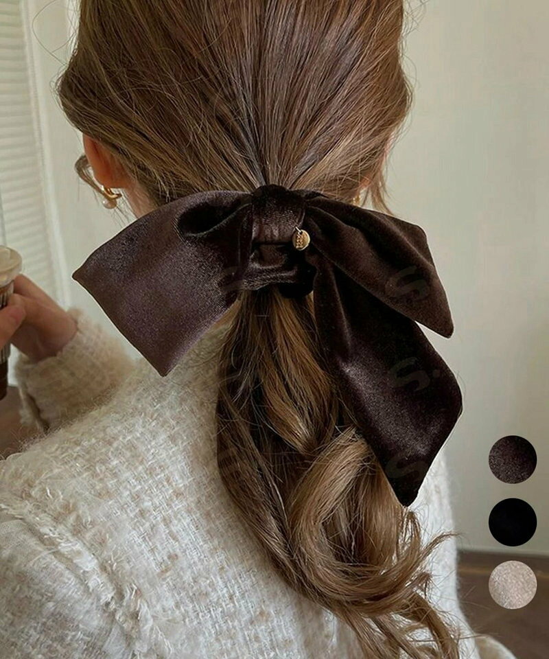 リボン付きシュシュ ヘアゴム 韓国風 レディース ヘアバンド ヘアアレンジ 無地 髪留め 髪飾り オルチャン おしゃれ 大人 可愛い オフィスカジュアル 雑貨 miniministore 617XW-010