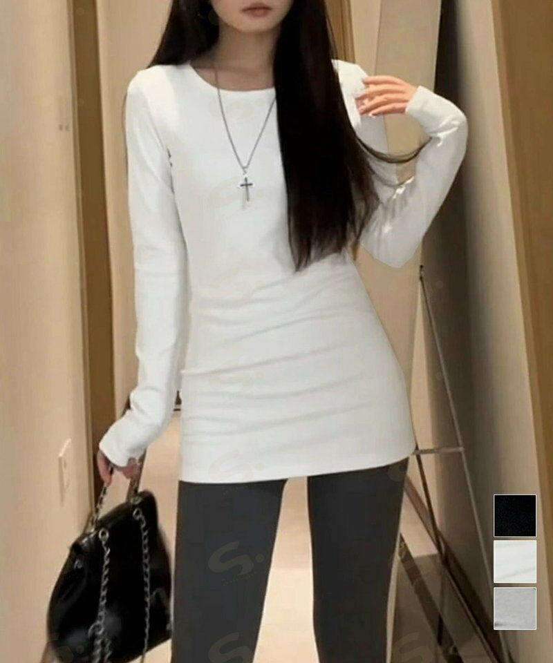 ロングTシャツ 重ね着フィットカットソー レディース ベーシックロンティー 細見えチュニックTシャツ 柔らかいインナートップス カジュアルカットソー ティーシャツ92YIYUNQ-001