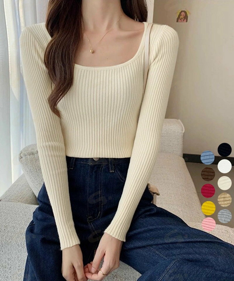 Three-Quarter Knit - Uネックリブトップススクエアネックニット レディース 長袖ニットプルオーバー タイトフィットニット秋冬 韓国風大人可愛い ニットインナー SNS映えトップス着回し83XIAOJU-001
