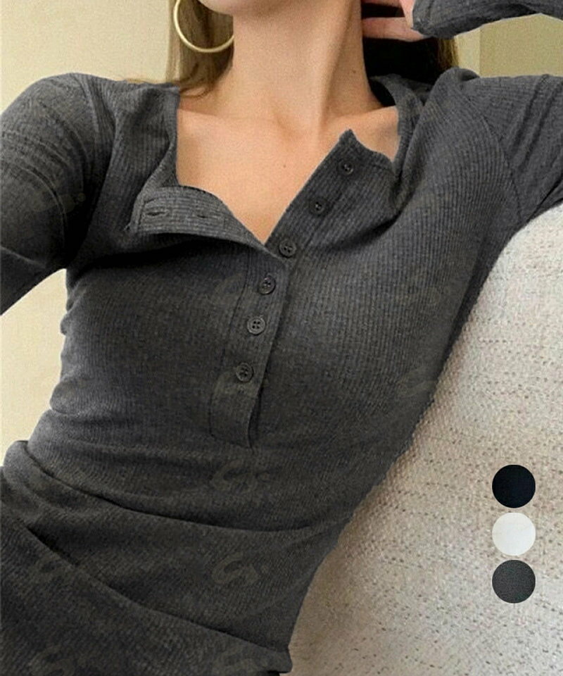 ハーフボタンカットソー長袖タイトtシャツ レディースヘンリーネックプルオーバー シンプル細見えTシャツ 着回しベーシックインナートップス フィットカットソー着やせ83MIKE-001
