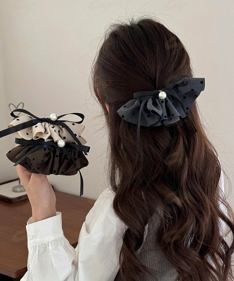 ドット柄 フリルリボン ヘアクリップ上品 おしゃれ ヘアアクセサリー レディース ...