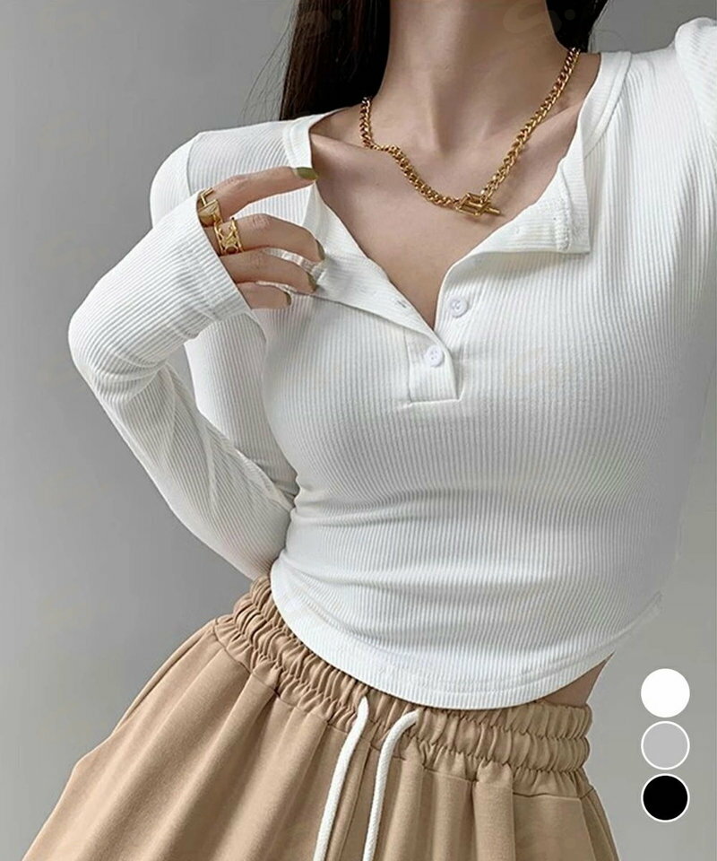 Rakuten - 長袖Tシャツ レディース ボタン 無地 細身Tシャツ セクシー 細見え オルチャン 着やせ 大人 シンプル おしゃれ フィットフェミニン 着回し99WBX-016