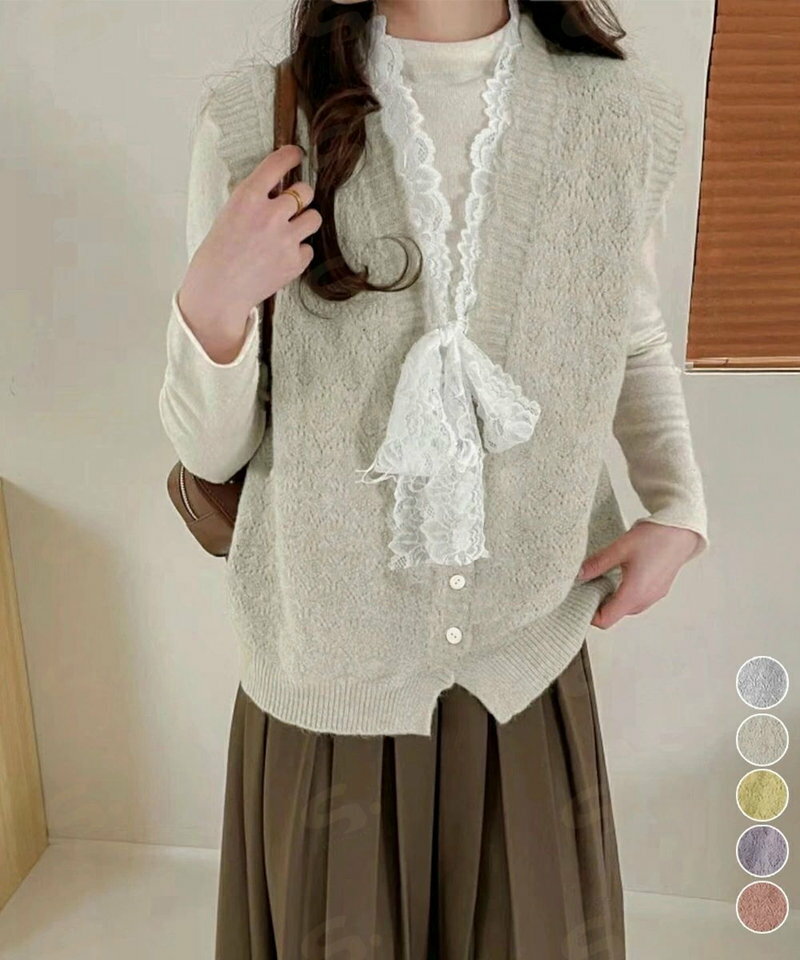 ニットベストネックラインレースニットジレ レディース フェミニン 大人可愛い リボンベストセーター ノースリーブ ニットトップス レ..