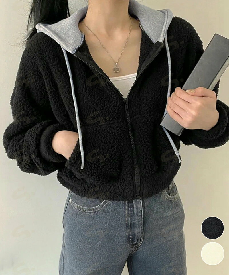 樂天商城 - 暖かいボアパーカー ジップアップブルゾン 韓国風 ふわふわフーディ ショート丈パーカー レディース クロップド 厚手フリースジャケットもこもこ ライトアウター軽量2YIGULI-038