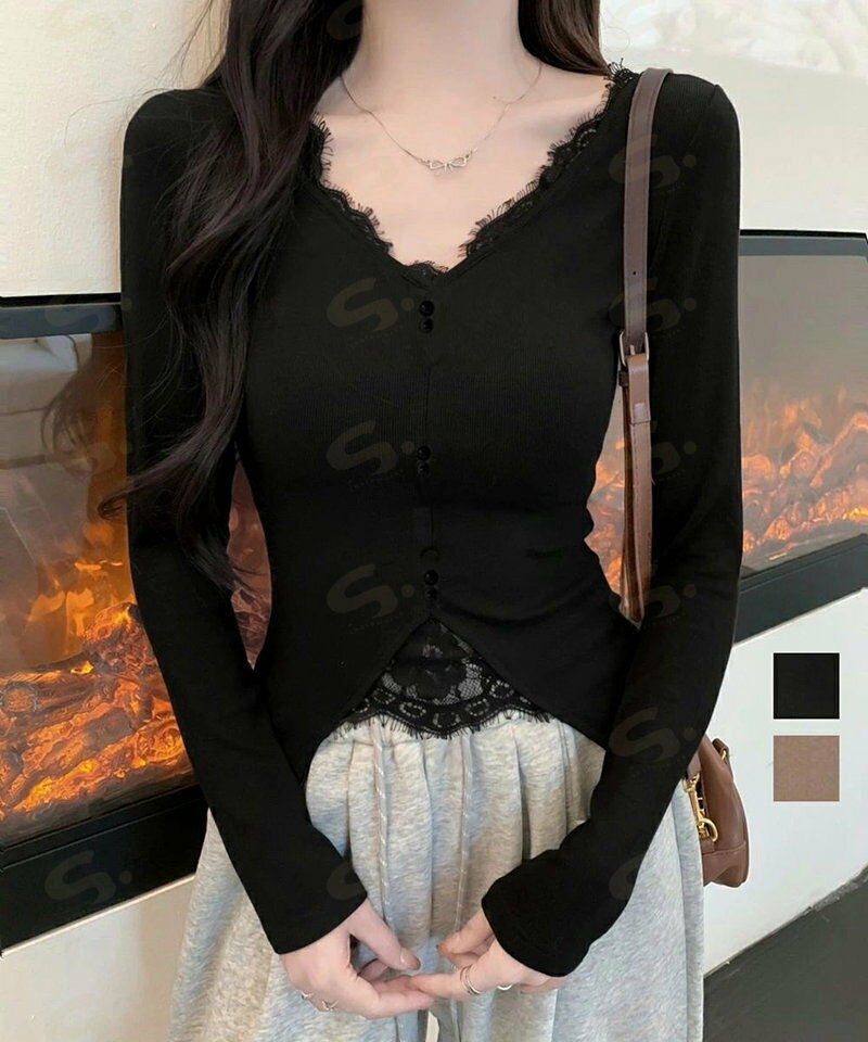 カットソー レース切り替え 長袖Tシャツ トップス Vネック セクシー 細見えtシャツ カジュアル 韓国風 インナートップス 大人可愛い プルオーバー キレイめ服77HANP-001