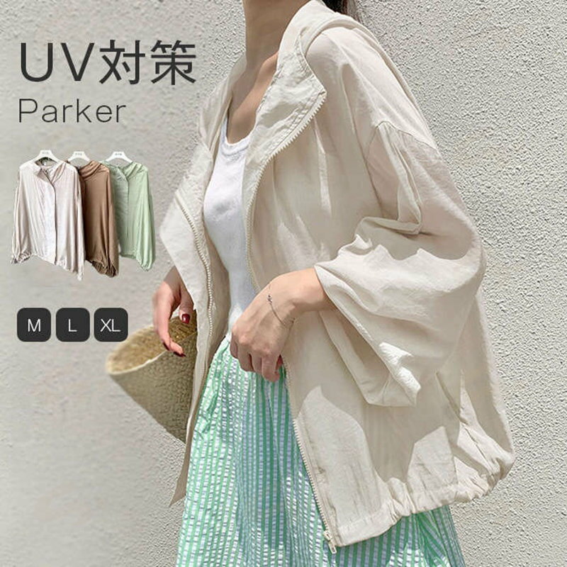 樂天商城 - シアーブルゾン UVカット パーカー レディース UVパーカー 春 夏 接触冷感 薄手 透け感 袖ボリューム 大きいサイズ ジップアップ ジャケット ライトアウター 撥水 速乾 通気 長袖 軽量 羽織 フード ゆったり 体型カバー 通勤