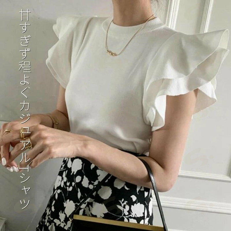 樂天商城 - Tシャツ tシャツ レディース フリル袖 半袖 無地 ニット カットソー トップス カットソー 無地 春 夏 サマーニット プルオーバー カジュアル きれいめ フェミニン 通勤 OL シンプル フェミニン トレンド 着回し かわいい ガーリー 清楚 エレガント 体型カバー