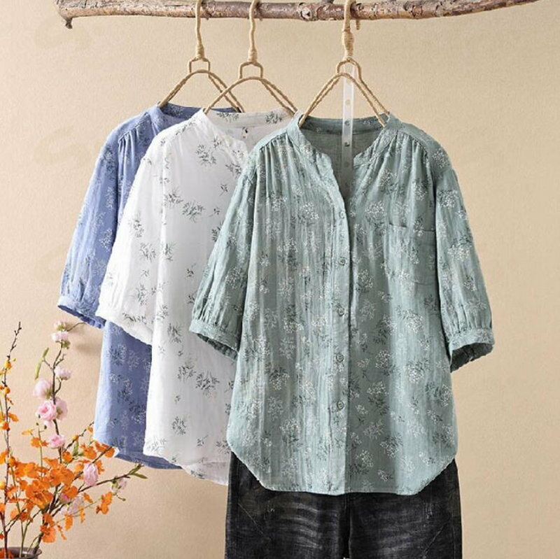 Rakuten - ガーゼブラウス 花柄シャツ 夏 レディース ガーゼ シャツ ダブルガーゼ 五分袖 シャツブラウス トップス 半袖 ゆったり 体型カバー ガーゼブラウス ナチュラル 総柄 キーネック バンドカラー シンプル 涼しい 大人 可愛い 綿100% 白 緑 ブルー 30代 40代 50代