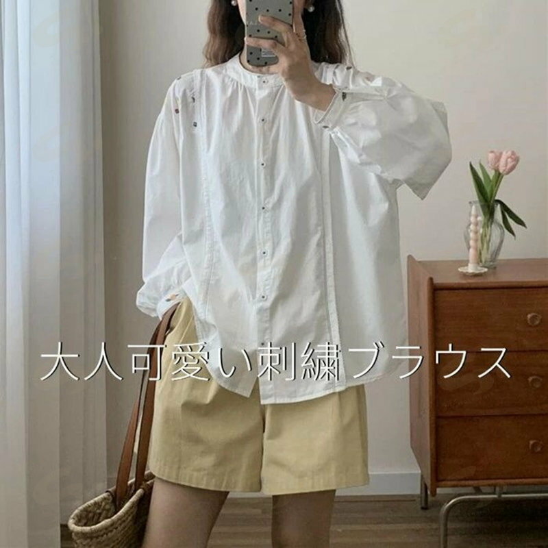 Rakuten - コットンシャツ ブラウス 夏 秋 春 レディース シャツ 花柄刺・ シャツ 綿100％ シャツ 長袖 綿 スタンドカラー シャツ 大人可愛い トップス ナチュラル 大きいサイズ ゆったり 柔らか カジュアル おしゃれ ブルー 送料無料